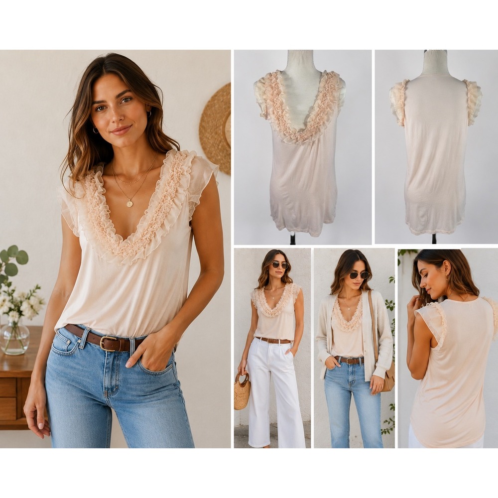 H&M Ruffle V-Neck Top Womens Large Blush Pink Sheer Trim Sleeveless - Picture 12 of 12